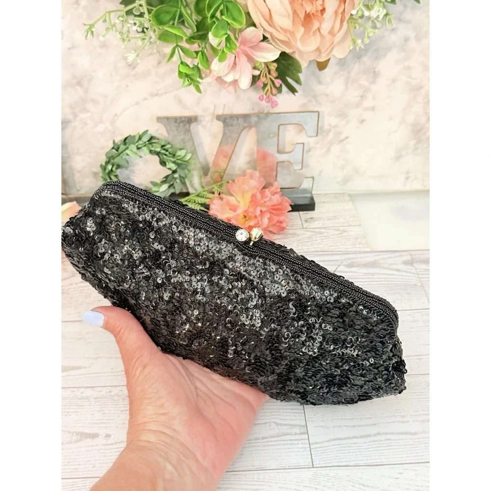 Vtg Magid Black Beaded Clutch Evening Purse Bag Made in Japan With 2 Side Mirror